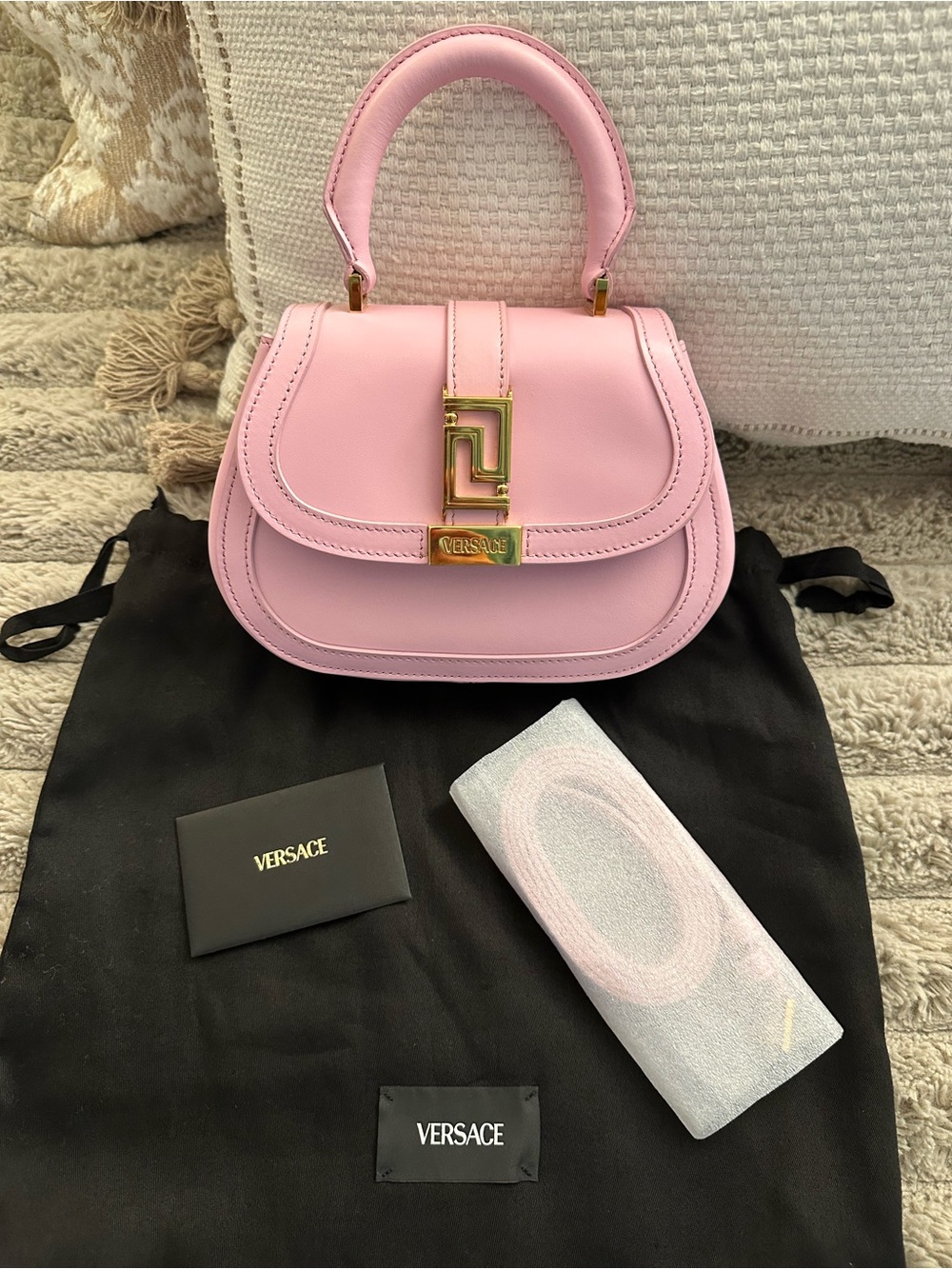Versace Greca Goddess Light Pink Top Handle Bag with Gold Hardware